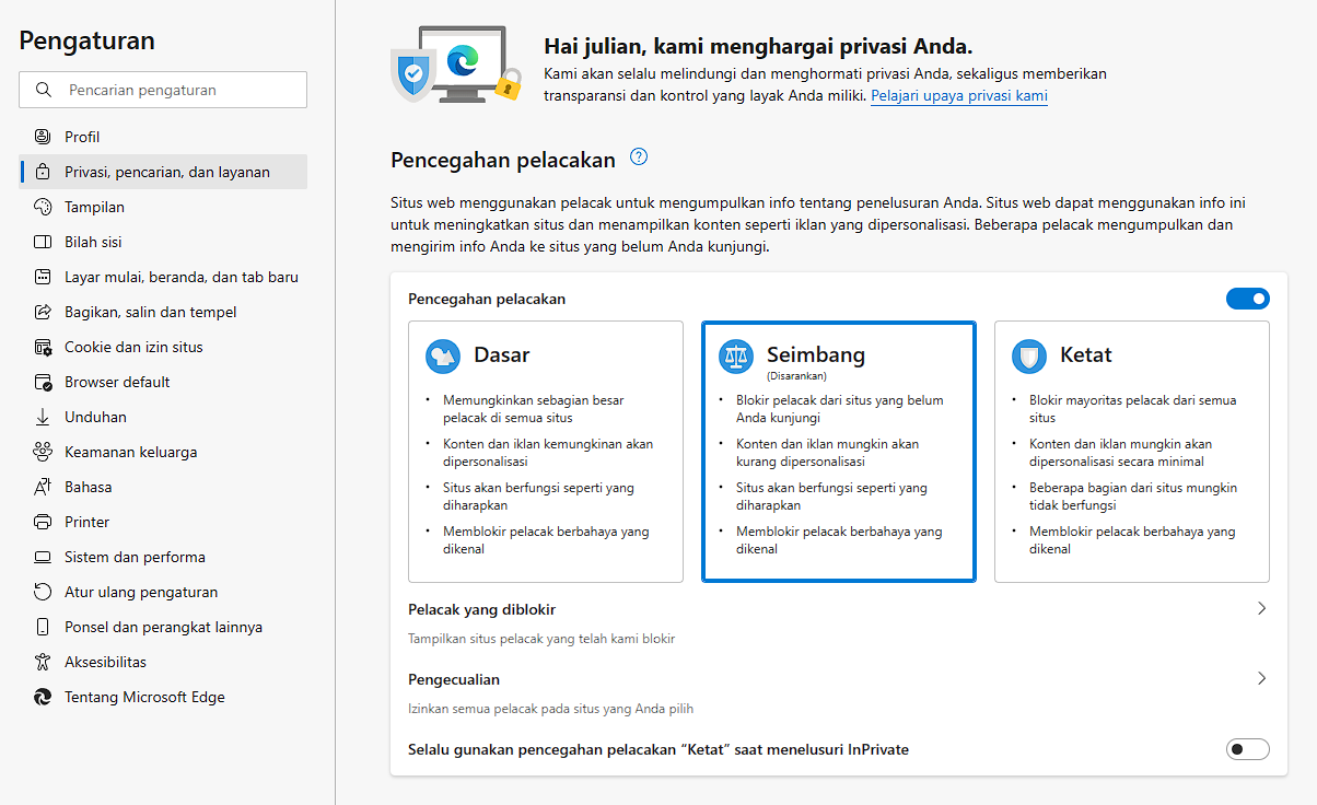 Pengaturan privasi, pemcarian dan layanan Pengaturan privasi, pemcarian dan layanan